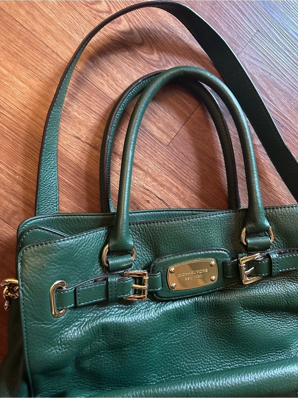 Michael Kors Dark Green Pebbled Leather Hamilton Bag Satchel with Gold Hardware